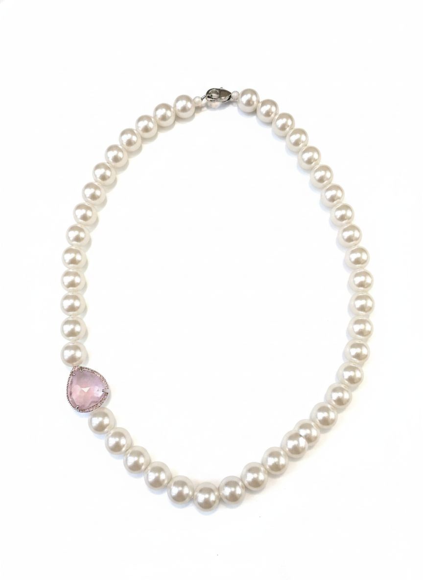 Colar Pérolas com Quartzo Rosa