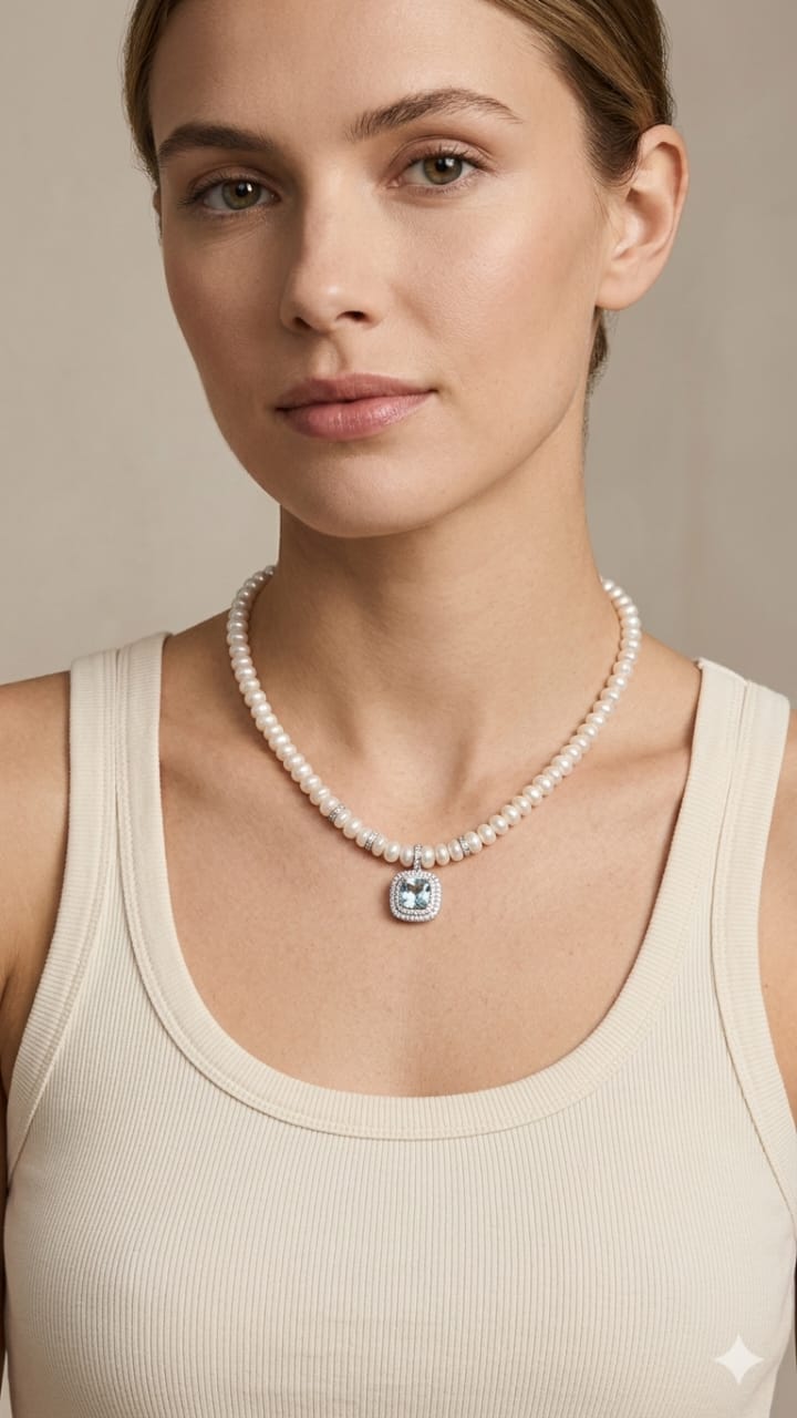 Colar em Prata 925 com Pérolas Naturais e Pingente Cravejado Azul