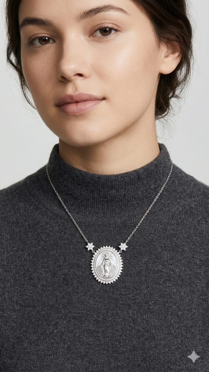 Colar Prata 925 Medalha Nossa Senhora das Graças com Brilho Radiante