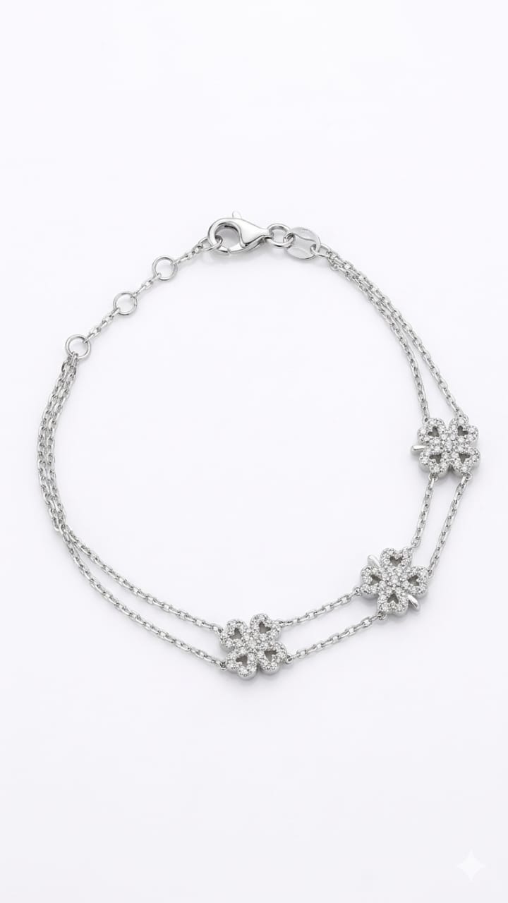 Pulseira Prata 925 Dupla com Flores Cravejadas