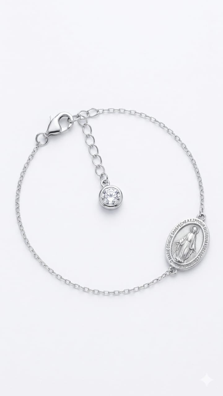 Pulseira Prata 925 Medalha Sagrada com Ponto de Luz