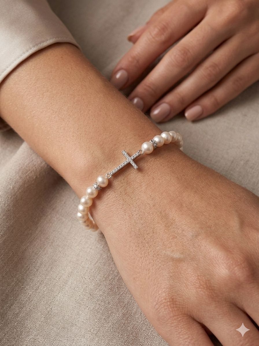 Pulseira de Pérolas com Cruz Cravejada em Prata 925 e Fecho Magnético