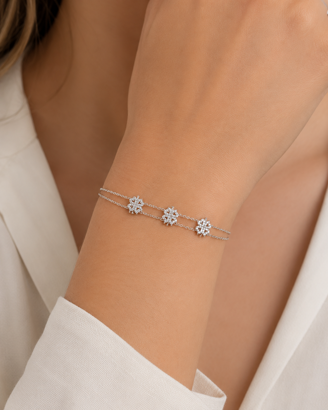 Pulseira Prata 925 Dupla com Flores Cravejadas
