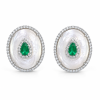Brinco Oval em Prata 925 com Madre Pérola, Cristal Fusion Verde e Zircônias