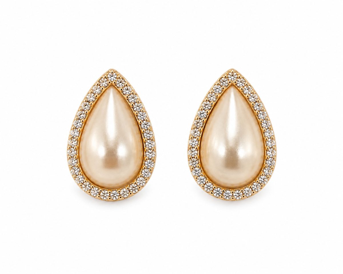 Brinco de Pressão Gota com Pérola e Zircônias Dourado