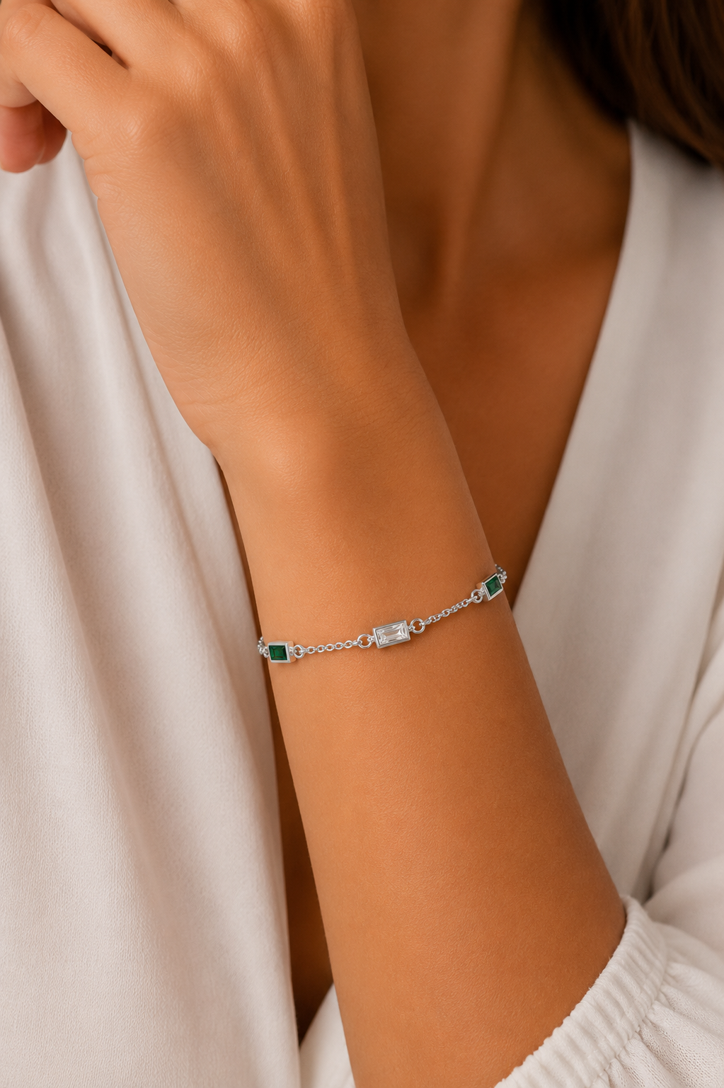 Pulseira Esmeralda Baguete em Prata 925